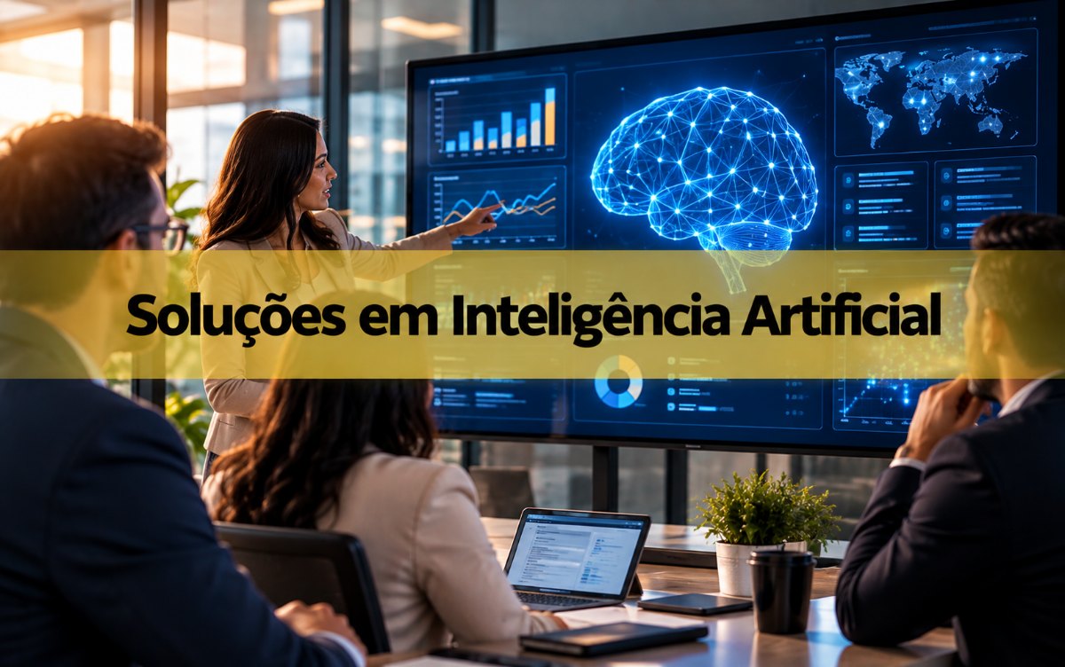 Soluções em Inteligência Artificial: equipe analisando painel de dados em reunião