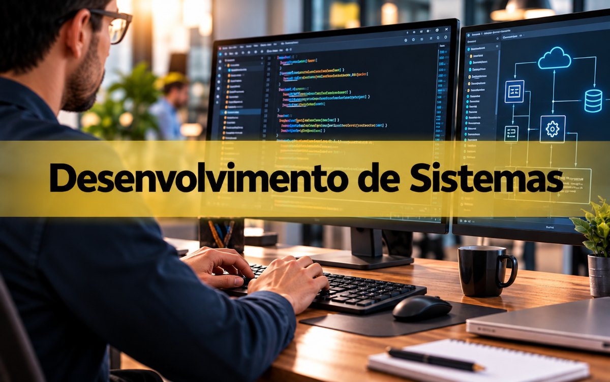 Desenvolvimento de Sistemas: profissional de tecnologia trabalhando em monitores com código